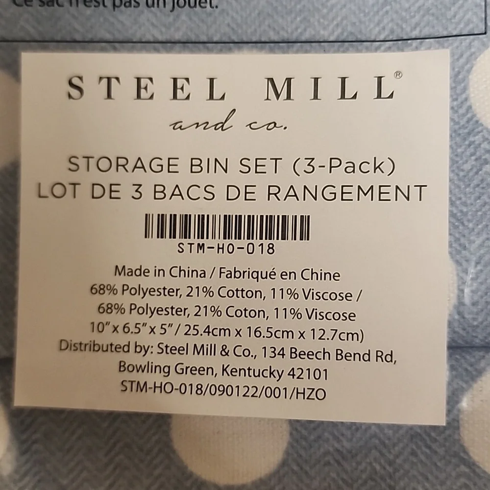 NEW! STEEL Mill And Co Storage Bins Set Of 3 In Blue And White Polka dot